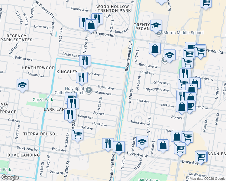 map of restaurants, bars, coffee shops, grocery stores, and more near 1921 Martin Avenue in McAllen