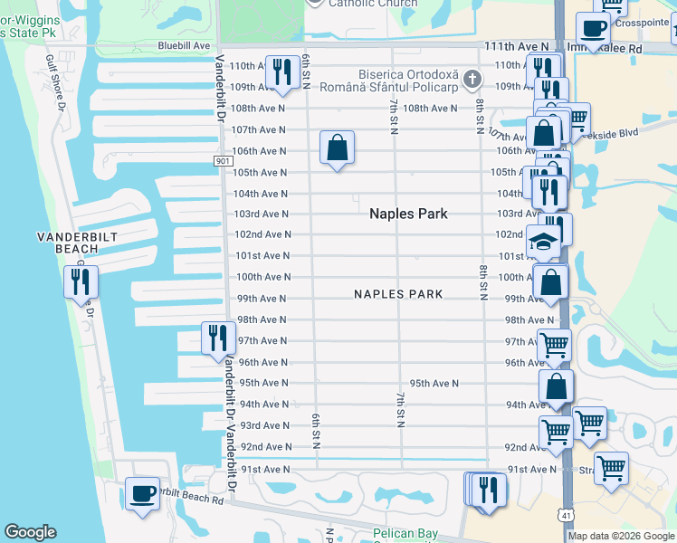 map of restaurants, bars, coffee shops, grocery stores, and more near 641 99th Avenue North in Naples