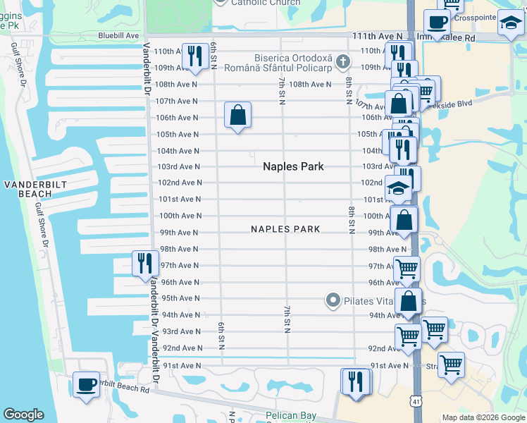 map of restaurants, bars, coffee shops, grocery stores, and more near in North Naples