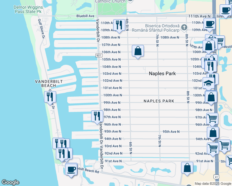 map of restaurants, bars, coffee shops, grocery stores, and more near 567 99th Avenue North in Naples