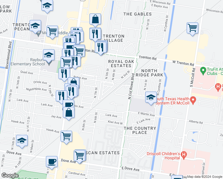 map of restaurants, bars, coffee shops, grocery stores, and more near 6824 North 4th Street in McAllen