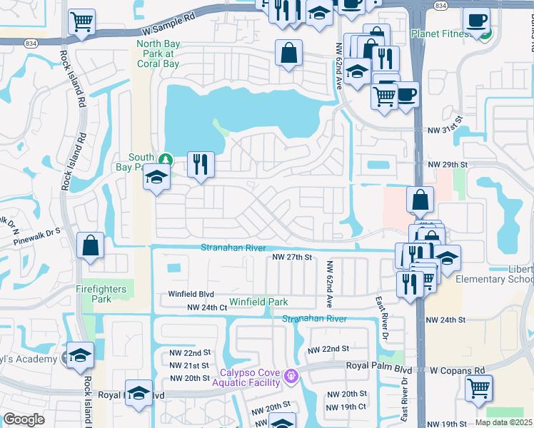map of restaurants, bars, coffee shops, grocery stores, and more near 6515 Colonial Drive in Margate