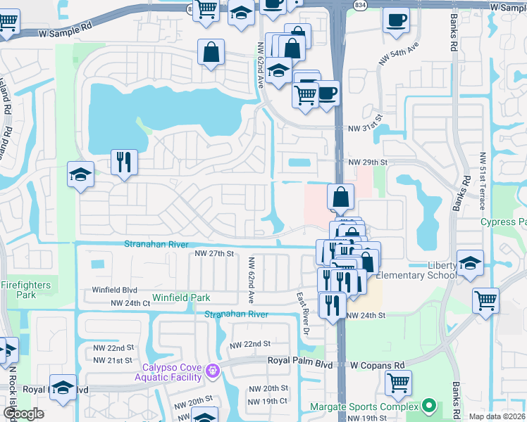 map of restaurants, bars, coffee shops, grocery stores, and more near 2900 Northwest 62nd Avenue in Margate
