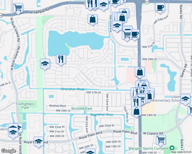 map of restaurants, bars, coffee shops, grocery stores, and more near 6361 Northwest 29th Street in Margate