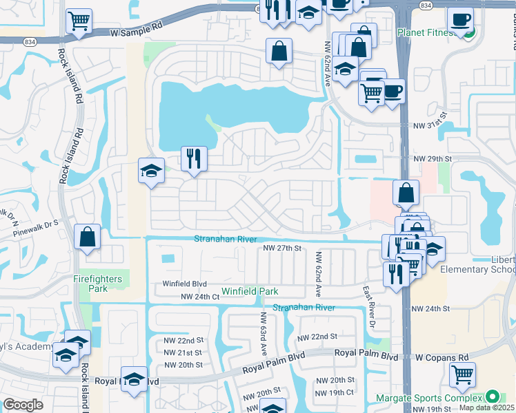 map of restaurants, bars, coffee shops, grocery stores, and more near 6515 Colonial Drive in Margate