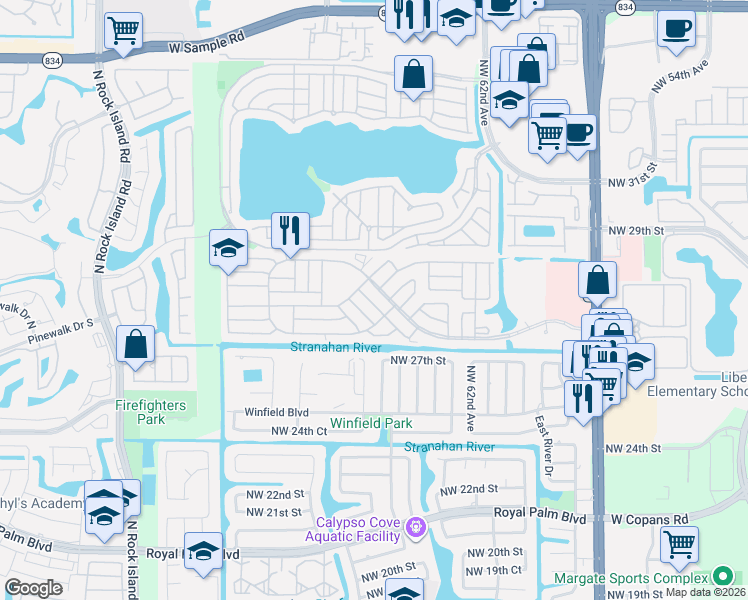 map of restaurants, bars, coffee shops, grocery stores, and more near 6515 Colonial Drive in Margate