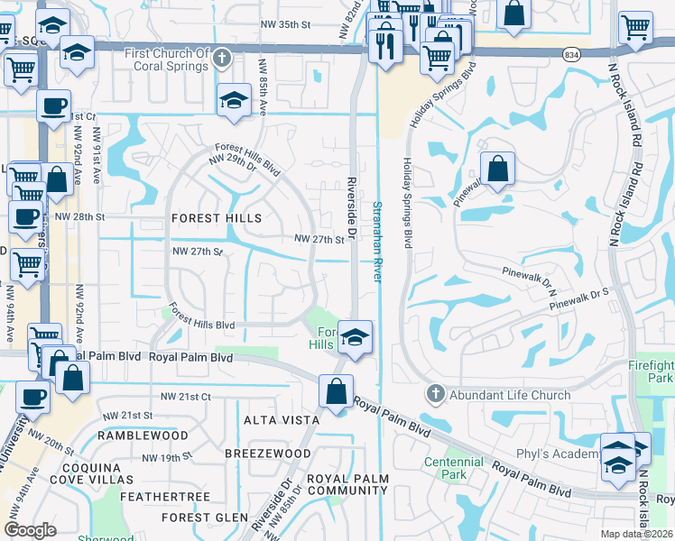 map of restaurants, bars, coffee shops, grocery stores, and more near 8105 Northwest 27th Street in Coral Springs
