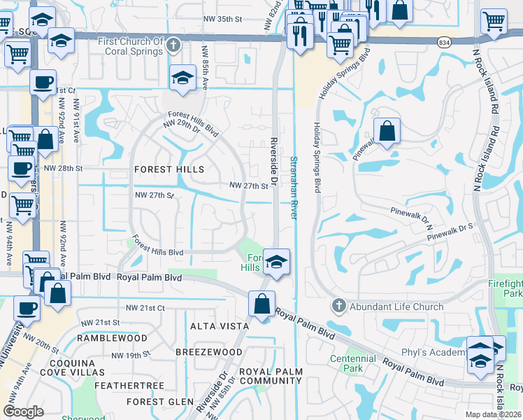 map of restaurants, bars, coffee shops, grocery stores, and more near 8105 Northwest 27th Street in Coral Springs