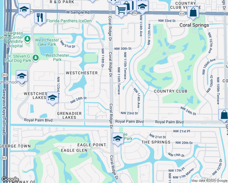 map of restaurants, bars, coffee shops, grocery stores, and more near 11603 Northwest 26th Street in Coral Springs