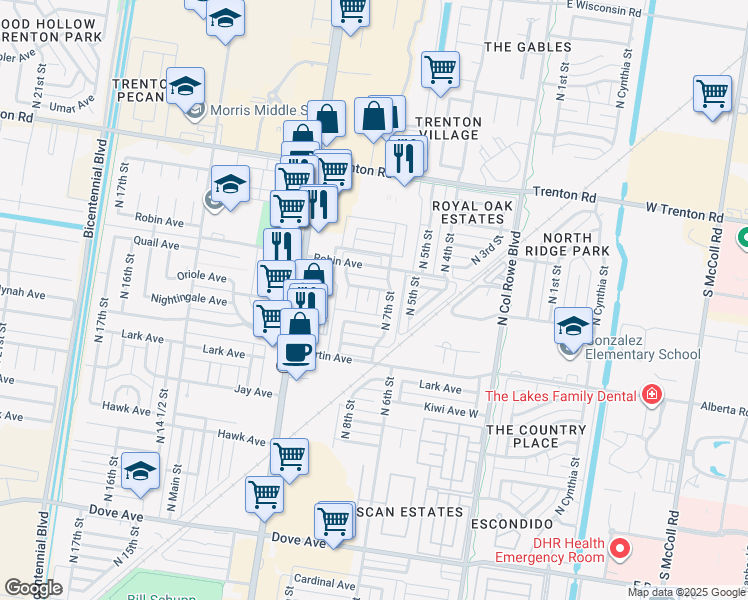 map of restaurants, bars, coffee shops, grocery stores, and more near 712 Quail Avenue in McAllen