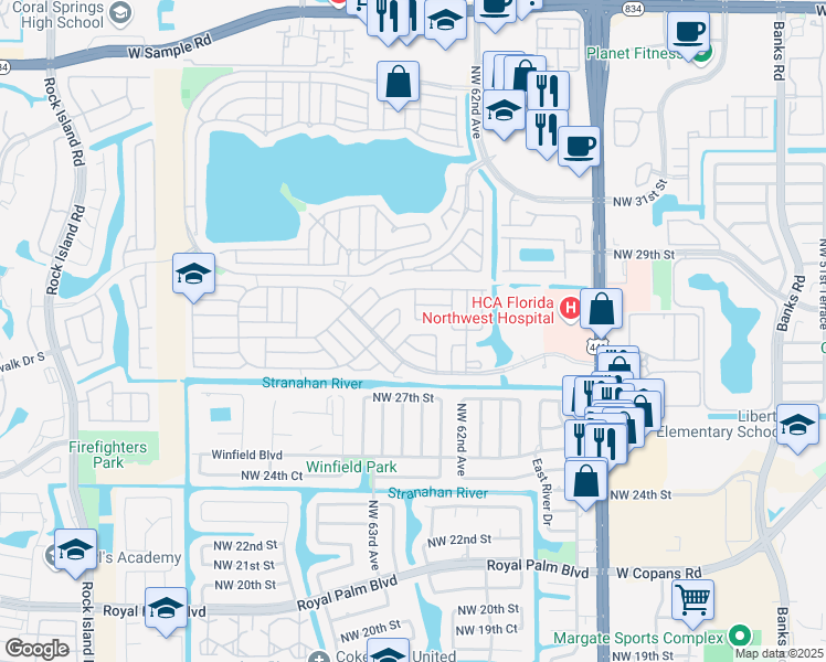 map of restaurants, bars, coffee shops, grocery stores, and more near 6361 Northwest 29th Street in Margate