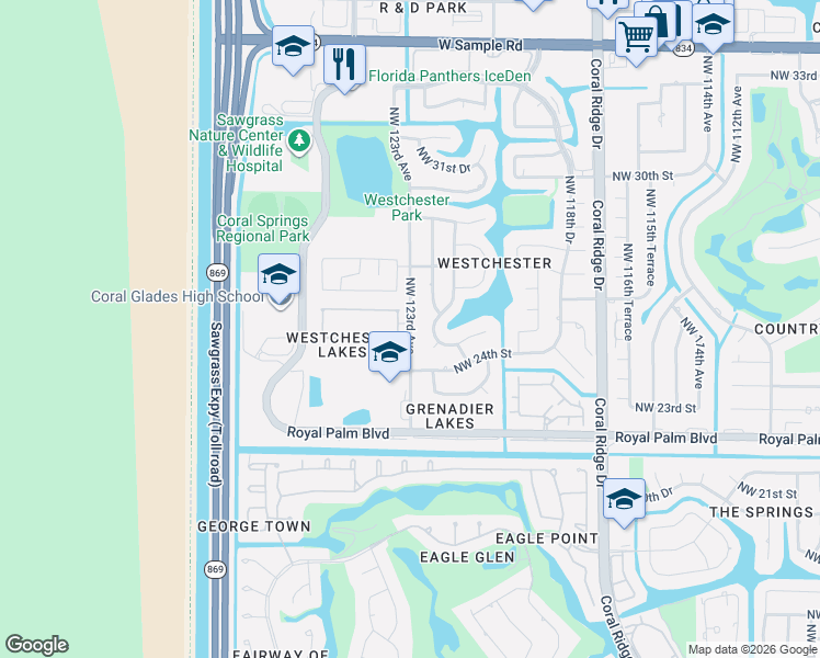 map of restaurants, bars, coffee shops, grocery stores, and more near 12309 Northwest 26th Street in Coral Springs
