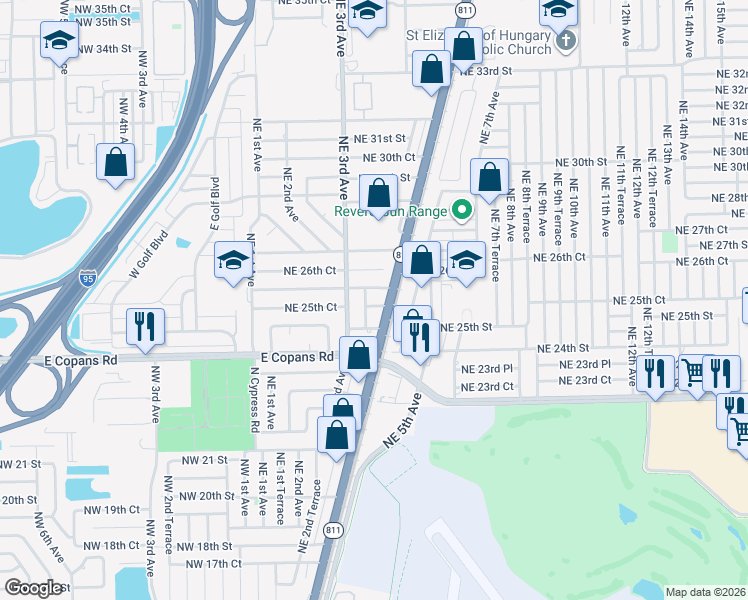 map of restaurants, bars, coffee shops, grocery stores, and more near 351 Northeast 26th Street in Pompano Beach