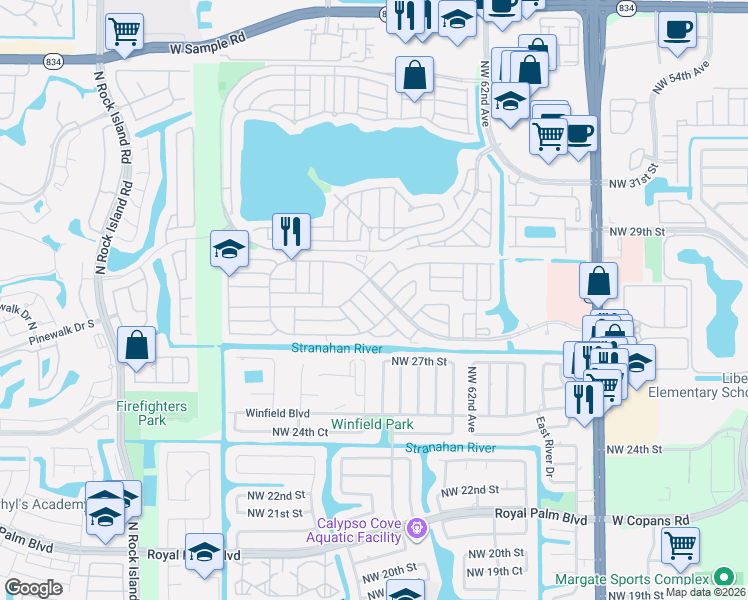 map of restaurants, bars, coffee shops, grocery stores, and more near 6515 Colonial Drive in Margate