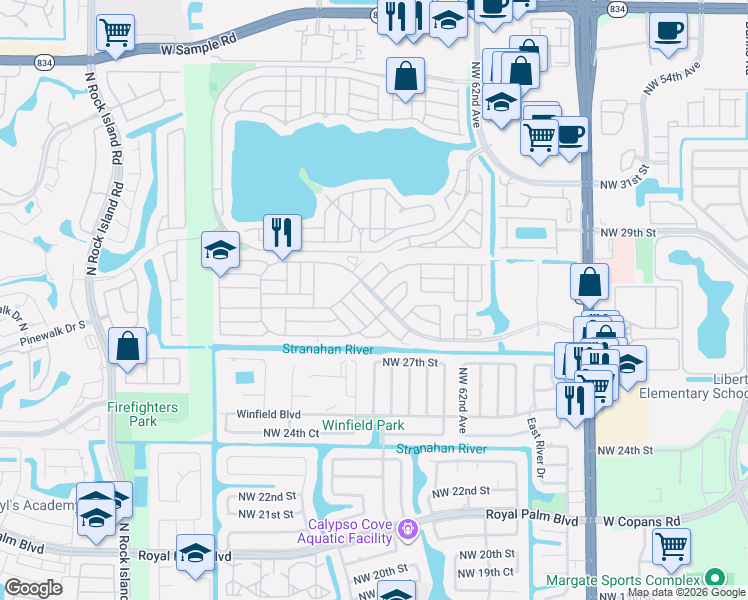 map of restaurants, bars, coffee shops, grocery stores, and more near 6515 Colonial Drive in Margate