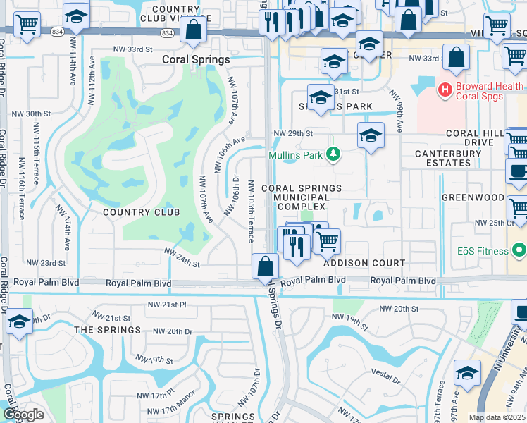 map of restaurants, bars, coffee shops, grocery stores, and more near 2700 Coral Springs Drive in Coral Springs
