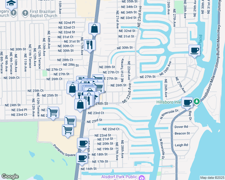 map of restaurants, bars, coffee shops, grocery stores, and more near 2051 Northeast 26th Street in Lighthouse Point