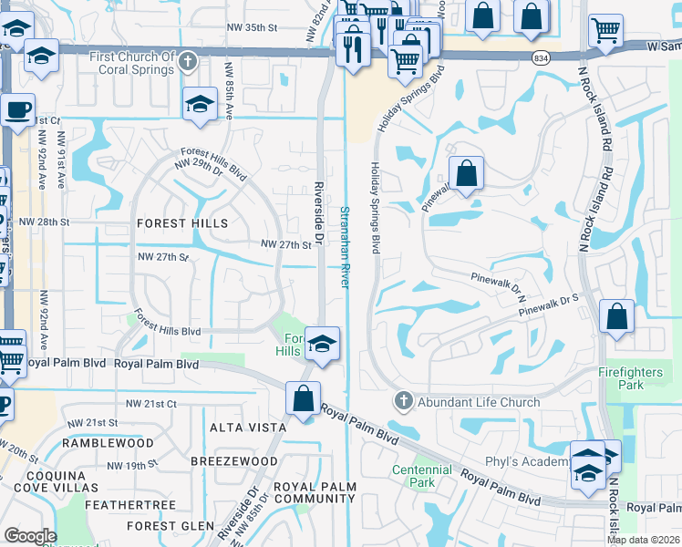 map of restaurants, bars, coffee shops, grocery stores, and more near in Coral Springs