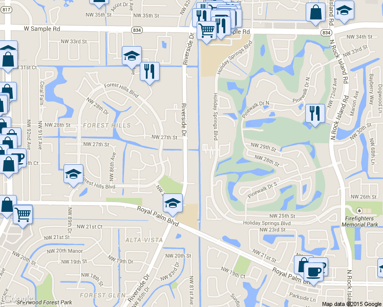 map of restaurants, bars, coffee shops, grocery stores, and more near in Coral Springs