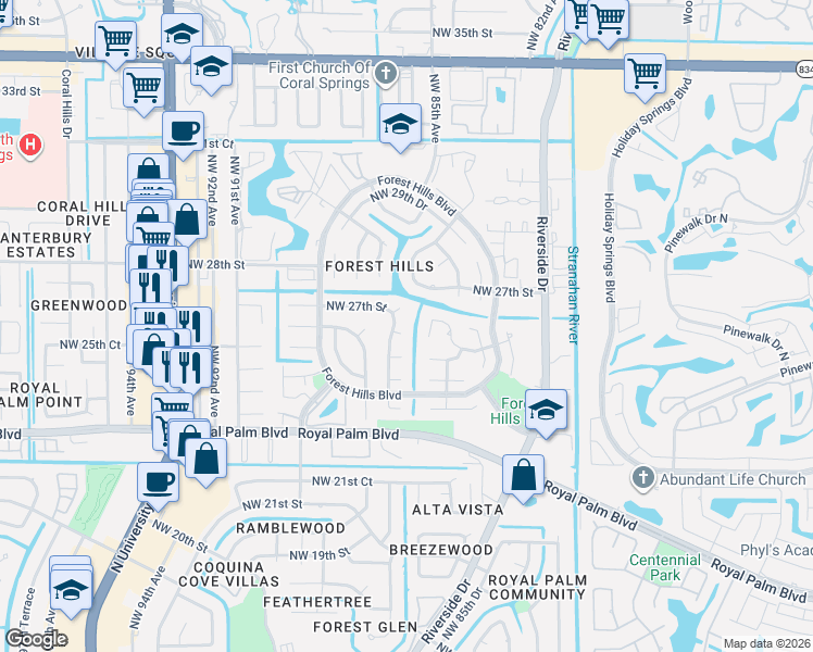 map of restaurants, bars, coffee shops, grocery stores, and more near 8611 Northwest 27th Court in Coral Springs