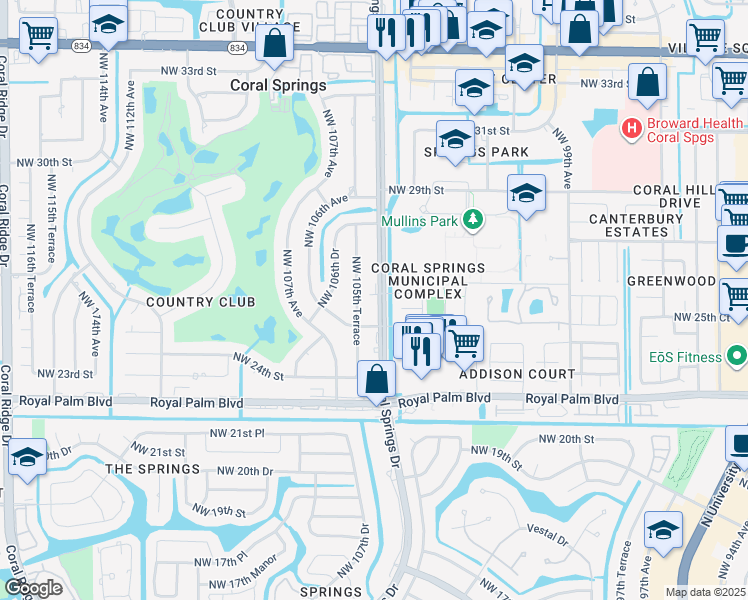 map of restaurants, bars, coffee shops, grocery stores, and more near 2700 Coral Springs Drive in Coral Springs