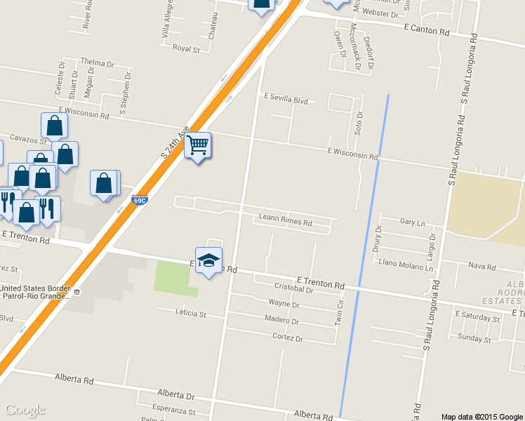 map of restaurants, bars, coffee shops, grocery stores, and more near 1415 Leann Rimes Road in Edinburg