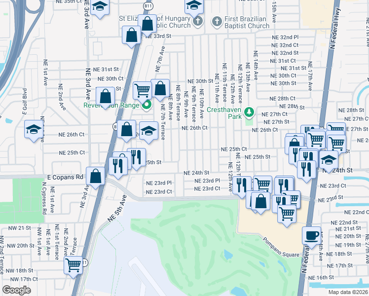 map of restaurants, bars, coffee shops, grocery stores, and more near 2531 Northeast 9th Avenue in Pompano Beach