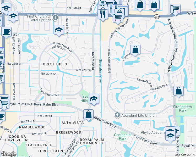 map of restaurants, bars, coffee shops, grocery stores, and more near in Coral Springs