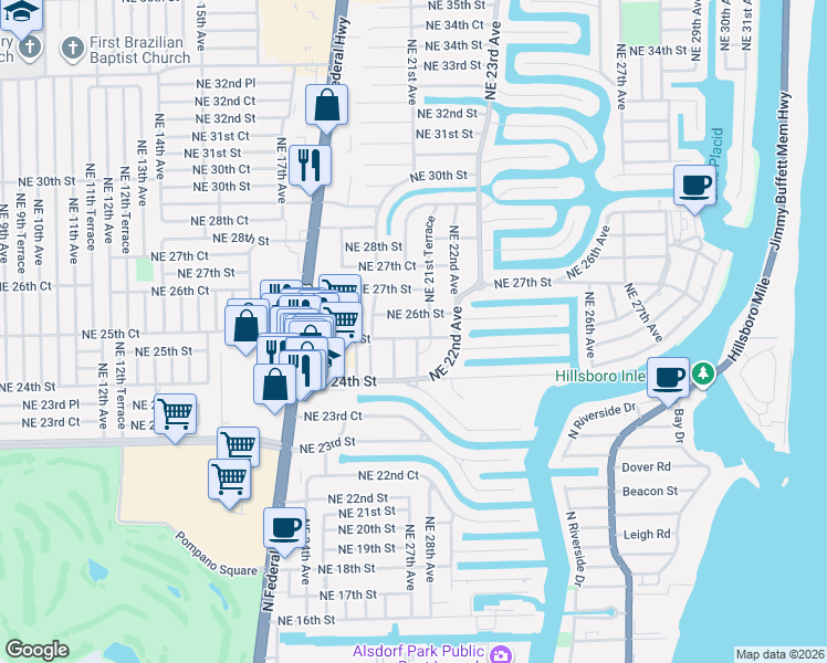 map of restaurants, bars, coffee shops, grocery stores, and more near 2081 Northeast 25th Street in Lighthouse Point
