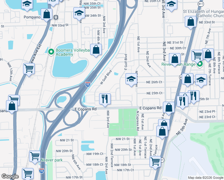 map of restaurants, bars, coffee shops, grocery stores, and more near 220 South Golf Boulevard in Pompano Beach