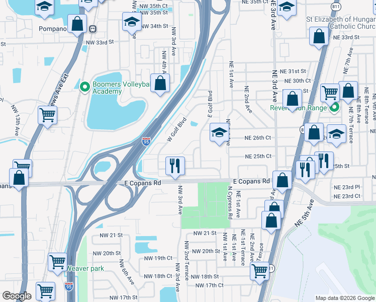 map of restaurants, bars, coffee shops, grocery stores, and more near 220 South Golf Boulevard in Pompano Beach