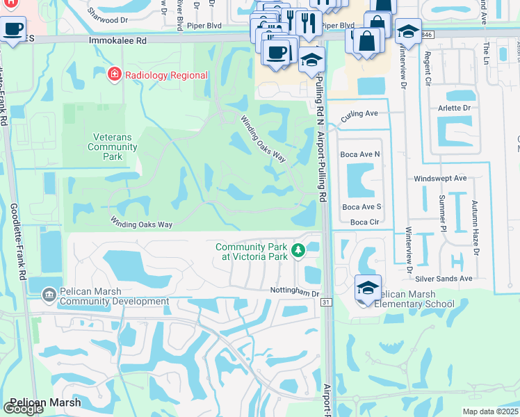 map of restaurants, bars, coffee shops, grocery stores, and more near 1670 Winding Oaks Way in Naples
