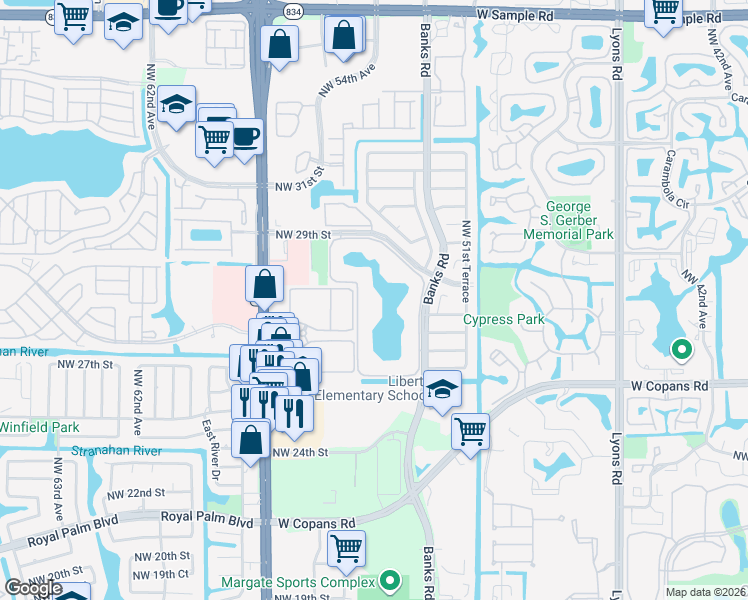 map of restaurants, bars, coffee shops, grocery stores, and more near 6519 Coral Lake Drive in Margate
