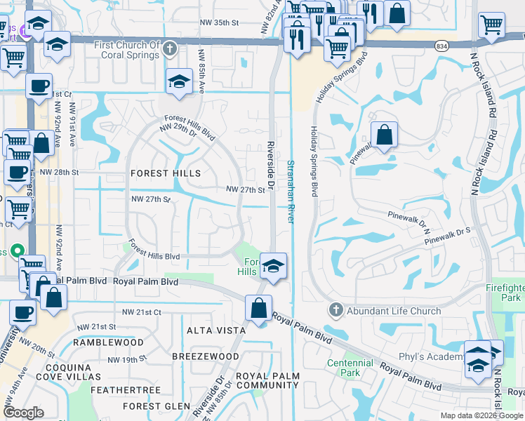 map of restaurants, bars, coffee shops, grocery stores, and more near 8105 Northwest 27th Street in Coral Springs