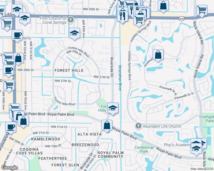 map of restaurants, bars, coffee shops, grocery stores, and more near 8105 Northwest 27th Street in Coral Springs