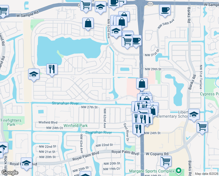 map of restaurants, bars, coffee shops, grocery stores, and more near 2900 Northwest 62nd Avenue in Margate