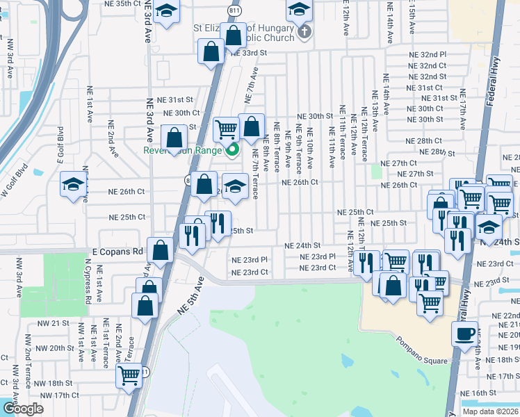 map of restaurants, bars, coffee shops, grocery stores, and more near 2620 Northeast 8th Avenue in Pompano Beach