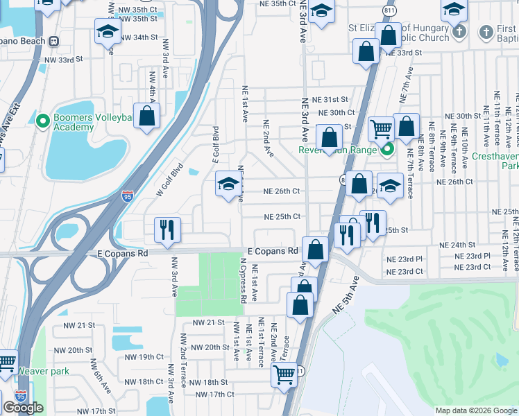 map of restaurants, bars, coffee shops, grocery stores, and more near 131 Northeast 26th Street in Pompano Beach