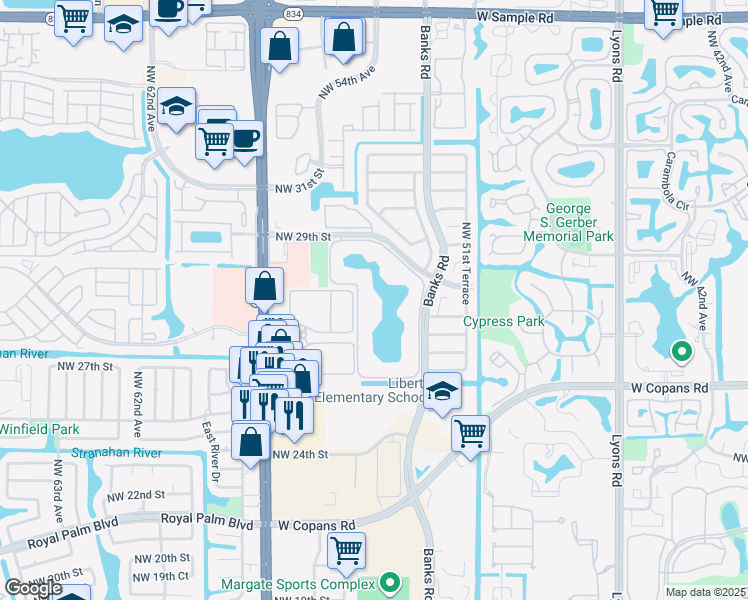 map of restaurants, bars, coffee shops, grocery stores, and more near 6601 Coral Lake Drive in Margate