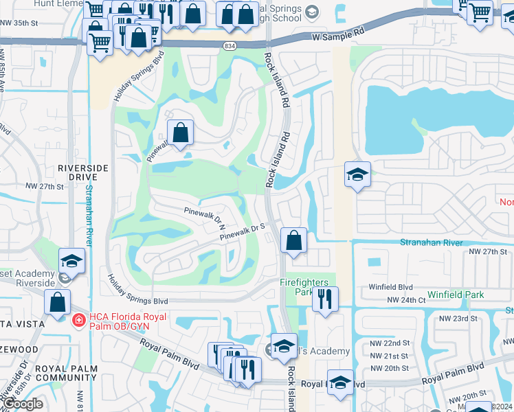 map of restaurants, bars, coffee shops, grocery stores, and more near 3011 Rock Island Road in Margate