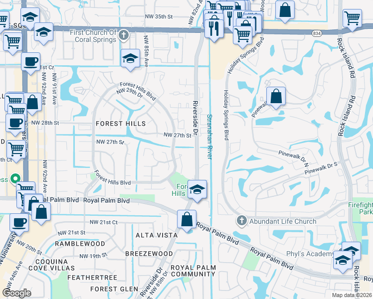 map of restaurants, bars, coffee shops, grocery stores, and more near 8105 Northwest 27th Street in Coral Springs