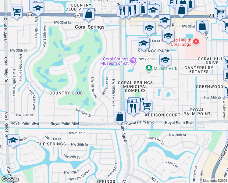 map of restaurants, bars, coffee shops, grocery stores, and more near 2700 Coral Springs Drive in Coral Springs