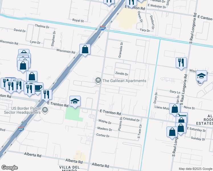 map of restaurants, bars, coffee shops, grocery stores, and more near 1411 Leann Rimes Road in Edinburg