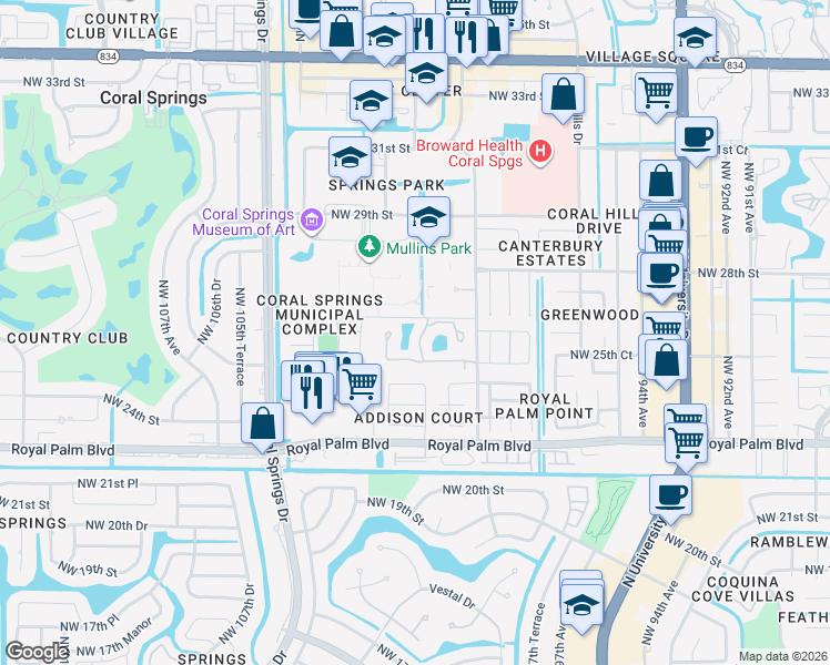 map of restaurants, bars, coffee shops, grocery stores, and more near 2614 Northwest 99th Avenue in Coral Springs