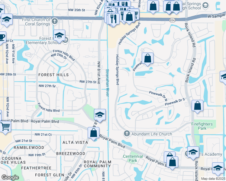 map of restaurants, bars, coffee shops, grocery stores, and more near 3100 Holiday Springs Boulevard in Margate