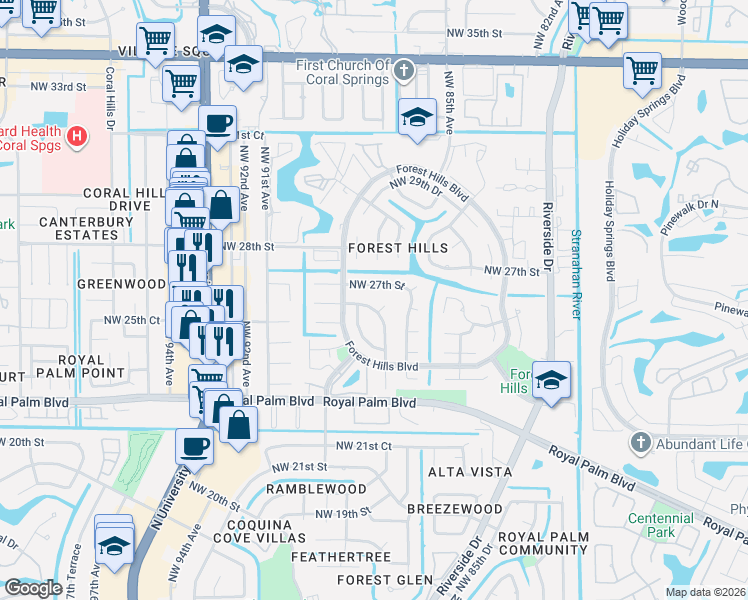 map of restaurants, bars, coffee shops, grocery stores, and more near 8744 Northwest 27th Street in Coral Springs