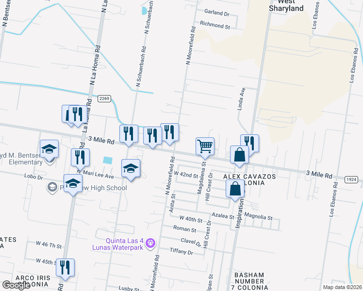 map of restaurants, bars, coffee shops, grocery stores, and more near 2106 West Mile 3 Road in Mission