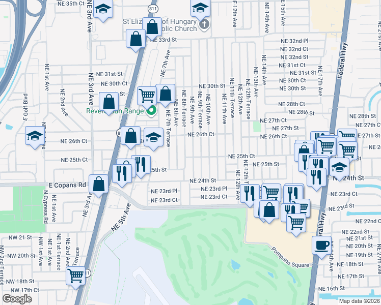 map of restaurants, bars, coffee shops, grocery stores, and more near 2610 Northeast 9th Avenue in Pompano Beach