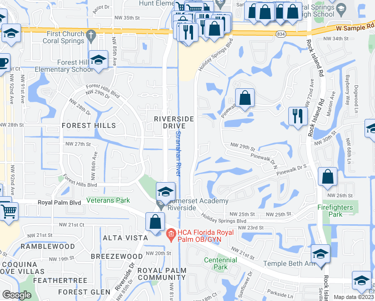 map of restaurants, bars, coffee shops, grocery stores, and more near 3100 Holiday Springs Boulevard in Margate