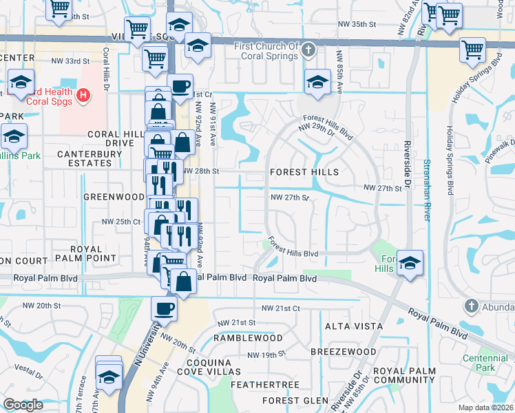 map of restaurants, bars, coffee shops, grocery stores, and more near 8968 Northwest 27th Street in Coral Springs